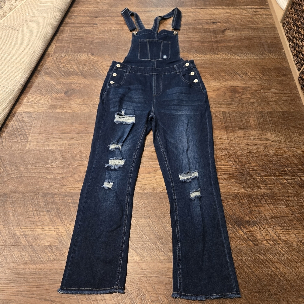 Denim Overalls Jeans Distressed Raw Hem Bootcut Dark Wash Cotton Stretch Farm S - Picture 3 of 13